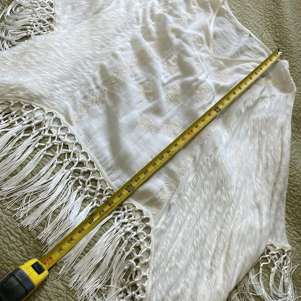 Patchwork embroidered and net silky fringed poncho
